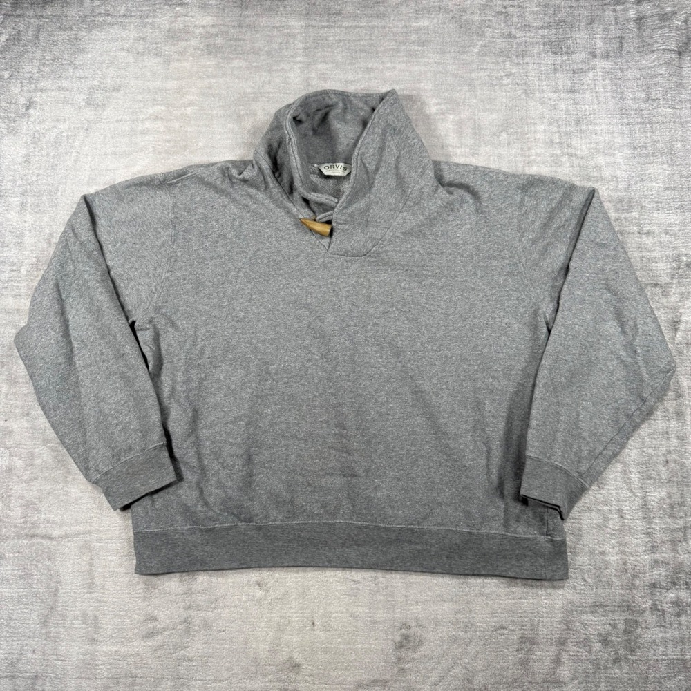 Orvis Sweatshirt Mens Large Gray Shawl Collar Toggle Cotton Pullover Preppy
